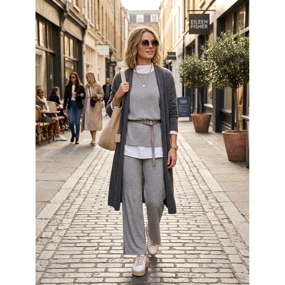 Eileen Fisher Grey Waffle Knit Wide Leg Pants Cotton Blend Size M Loungewear